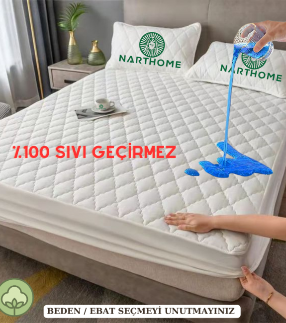 NARTHOME Kapitoneli Fitted %100 Su Sıvı Geçirmez Pamuklu Alez Yatak Koruyucu Yatak Alezi 9 Ebat